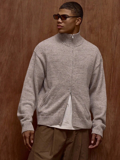 Zippad cardigan med ståkrage och prickmönster